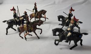 lot 39 image: 5-Vintage Precast British Horses with Soldiers. Made by JOHILLCO.  Made in the 50s.