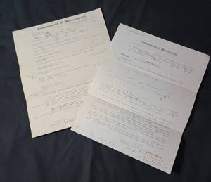lot 43 image: 2 Vintage Original Court Documents .  One from the First District Court of Exxex. Commonwealth - 16th day of April 1889 and one from the House of Correction Commonwealth of Massachusetts - October 10, 1887.  Both are original court documents.