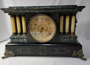 lot 52 image: Antique Seth Thomas Adamantine 6 Pillar Mantle Clock with Lions Head Handles. Patented 1880.  No key and it is not functional. 16 12 L x 10 12 W x 5 D