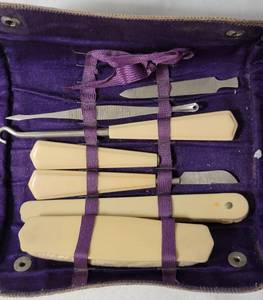 lot 56 image: Vintage Manicure Set with Shoe Buttoner Hook in original case