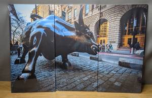 lot 271 image: Brand New NYC Bronze Bull 3pc Canvas Wall Art 28 x 14