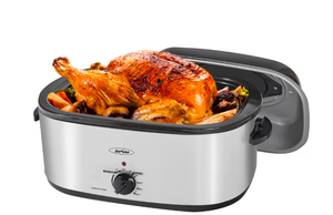 lot 222 image: Brand New Sunvivi 28lb 24Qt Roaster Oven Electric with Viewing Lid Silver Stainless Steel $109.99 Retail