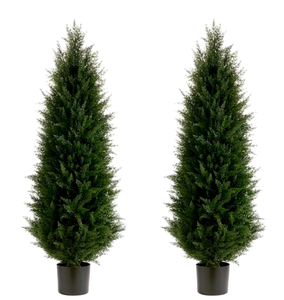 lot 264 image: Brand New Set of 2 Artificial Cedar Trees 4ft UV Resistant Potted Trees $132.96 Retail