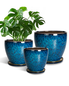 lot 298 image: Brand New Blue Ceramic Planter Pots with Drain Holes set of 3 $68.99 Retail