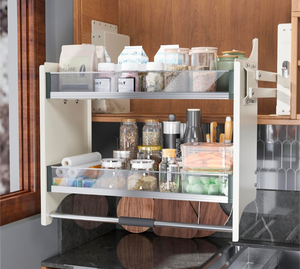 lot 339 image: Brand New 22 to 24 White Pull Down Shelf for Kitchen Upper Cabinet Heavy Duty Pull Down Cabinet 2 Tier Kitchen Organizer $249.97 Retail