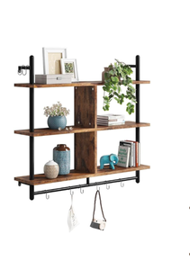 lot 340 image: Brand New Bestier Floating Pipe Shelving Kitchen Shelves Wall Mounted 3 Tier 41.5 Ladder Rustic Brown $89.99 Retail