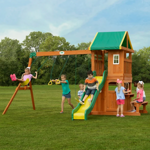 lot 8 image: Backyard Discovery Oakmont Cedar Wooden Swing Set with 4 foot Deck height