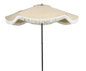 lot 35 image: Better Homes & Gardens 7.5 Beige Scallop with Cream Fringe Patio Umbrella