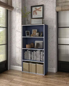 lot 182 image: Quincy 46.85 in. Tall Stackable Steel Blue Engineered Wood 4-Shelf Modern Modular Bookcase