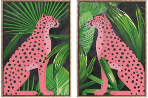 lot 490 image: Vintage Framed Canvas Wall Art Set by Nikki Chu, 2 Piece Set 23x33 Gold, Mid-Century Jungle Cheetah Art for Wall