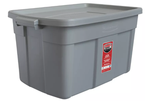 lot 492 image: LOT OF 2 - Rubbermaid 31gal Roughneck Storage Tote Gray Polyethylene, Handles, Nesting, Lidded, Stackable, Utility Storage Tubs