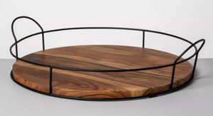 lot 373 image: Wood and Metal Tray - Hearth & Hand with Magnolia Farmhouse Style, Iron Handles, Decor Platter