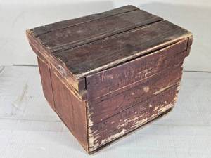 lot 123 image: Antique Wooden Crate with Lid that Uses Bent Nails as Latches approx. 15 12 wide and 11 high