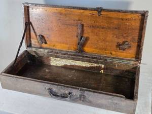 lot 128 image: Antique Wooden Storage Box approximately 30 inches in length, 12 inches in width, and 7 inches in height