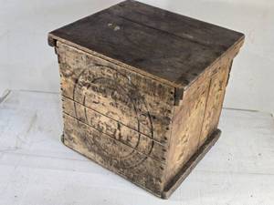 lot 137 image: Antique Wooden Coffee Crate featuring markings such as Blue Flame and Coffee. approximately 14 inches in width and height,