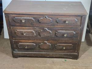 lot 142 image: Vintage Wooden Dresser with Three Drawers approximately 41 inches in length, 17 12 inches in depth, and 32 inches in height