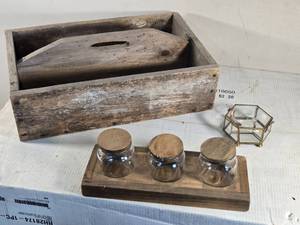 lot 157 image: Rustic Wooden Tool Carrier Box, Glass Jars with Wood Base and Small Decorative Glass Box