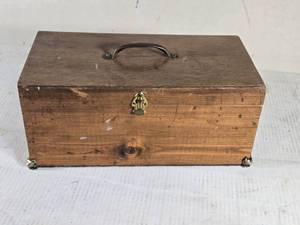lot 164 image: Wooden Storage Box with Cat Like Metal Accents for Feet, approx. 14 wide