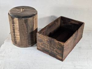 lot 180 image: Vintage Gray Ribbon Brand Wooden Prune Box and other Wooden Cylinder Shaped Box with Lid