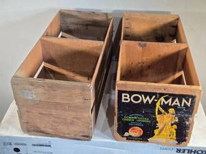 lot 182 image: BOW-MAN Brand Wooden Orange Crate and Other Crate