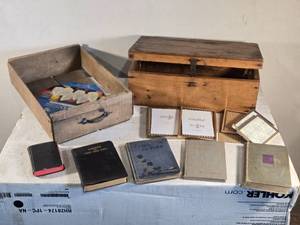 lot 190 image: Assorted Vintage Books, Wooden Boxes, and Picture Frames