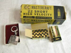 lot 42 image: Vintage Mastercraft 22 Short High Velocity Ammunition (only 2 small boxes are full) with NRA Freedom Keychain