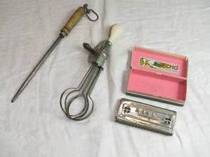 lot 44 image: Vintage Hohner Echo Harmonica, Hand Egg Beater, and Sharpening Steel
