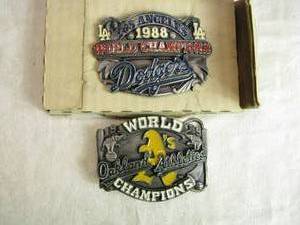 lot 80 image: Los Angeles Dodgers 1988 and Oakland Athletics 1989 World Champions Belt Buckles
