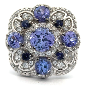 lot 21A image: NEW Tanzanite & Natural Diamond Flower Vintage Style Ring VIDEO