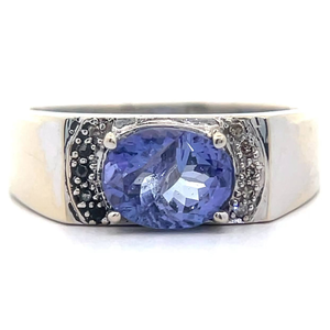 lot 10 image: Oval Tanzanite & Natural Diamond East West Ring in 14k White Gold VIDEO