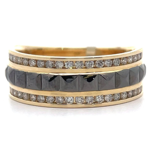 lot 12 image: 0.50 Carat Princess Cut Natural Fancy Black & White Diamond Triple Row Ring in Yellow Gold VIDEO
