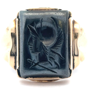 lot 14 image: Mens Hematite Carved Gladiator Vintage Signet Ring in Yellow Gold VIDEO