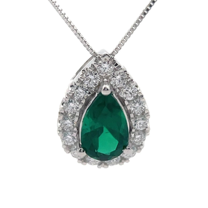 lot 6 image: 0.34 Carat Diamond & Emerald Pear Halo Pendant Necklace in 14k White Gold w Report