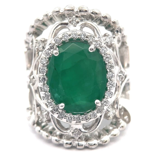 lot 18 image: 5.50 Carat Natural Emerald & Diamond Filigree Trellis Ring in 14k White Gold w Report $11,100 Retail VIDEO