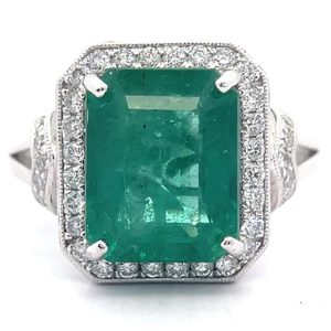 lot 21 image: 5.52 Carat Natural Emerald & Pav Diamond Halo Ring in Platinum w Report $11,289 Retail VIDEO