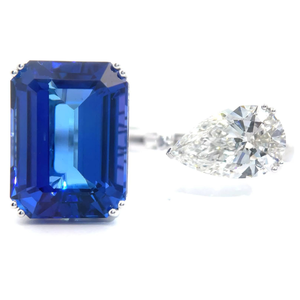 lot 42 image: Unique 37.90 Carat Natural Tanzanite & Lab-Grown Diamond Toi et Moi Double Ring in 14k White Gold w GIA Report $44,400 Retail VIDEO