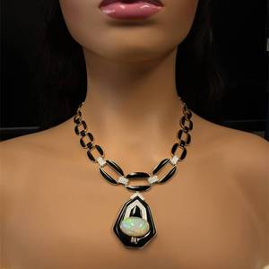 lot 34 image: Exquisite 71.73 Carat White Opal & Micro Pav Natural Diamond Art Deco Onyx Necklace w Report $32,330 Retail