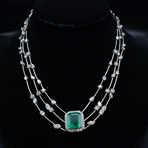 lot 12 image: 25.17 Carat Extremely Rare F1 Quality Emerald & Natural Diamond Triple Layer Necklace in 18k White Gold w GIA Report $126,000 Retail