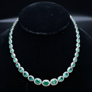 lot 20 image: NEW Oscar Friedman 30.77 Carat Emerald & Natural Diamond Halo Necklace in Platinum w Report $26,100 Retail