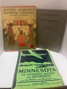 lot 21 image: Antique Books Mother Hubbards Seatwork Cupboard My Book of Indians Geography of MN,  MN Geography History and Government