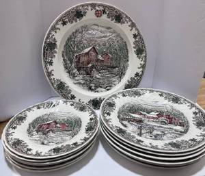 lot 33 image: 6 Dinner Plates, 6 Salad Plates and 1 Platter Queens Country Village Made in England