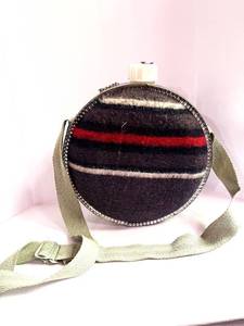 lot 44 image: 4 Qt Round Galvanized Metal Canteen, Wool Flannel w Strap and Cap