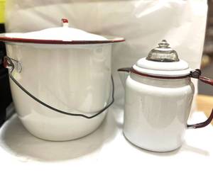 lot 56 image: Enamelware White and Red Trim