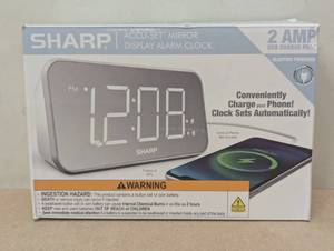 lot 29 image: AccuSet Jumbo Mirror Display Alarm Clock White - Sharp Modern Bedside LED Clock with USB Port