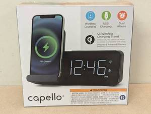 lot 100 image: Power Stand Alarm Table Clock Black - Capello Wireless Charger, USB Port