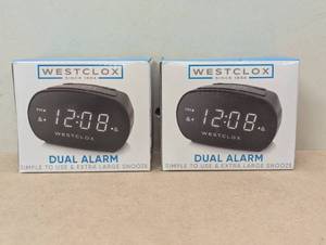 lot 113 image: Pair of Dual Alarm Clock Black - Westclox Electric, Battery Backup, Oversized Snooze, Modern Table Clock