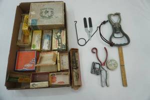 lot 67 image: VintageAntique Lure Boxes (empty), variety of vintage fishing tools and more