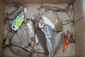 lot 136 image: Vintage Lures Spoons, Spinners, Dardevles, Mepps, and more