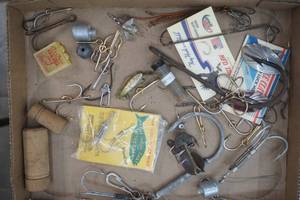 lot 161 image: Vintage Fishing Hooks, Antique Pflueger Parts, 3 huge hooks and more