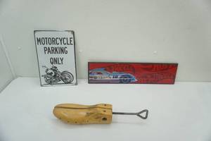 lot 226 image: Motorcycle Parking Tin Sign, Hot Wheels Holographic Wall Art & Shoe Stretcher